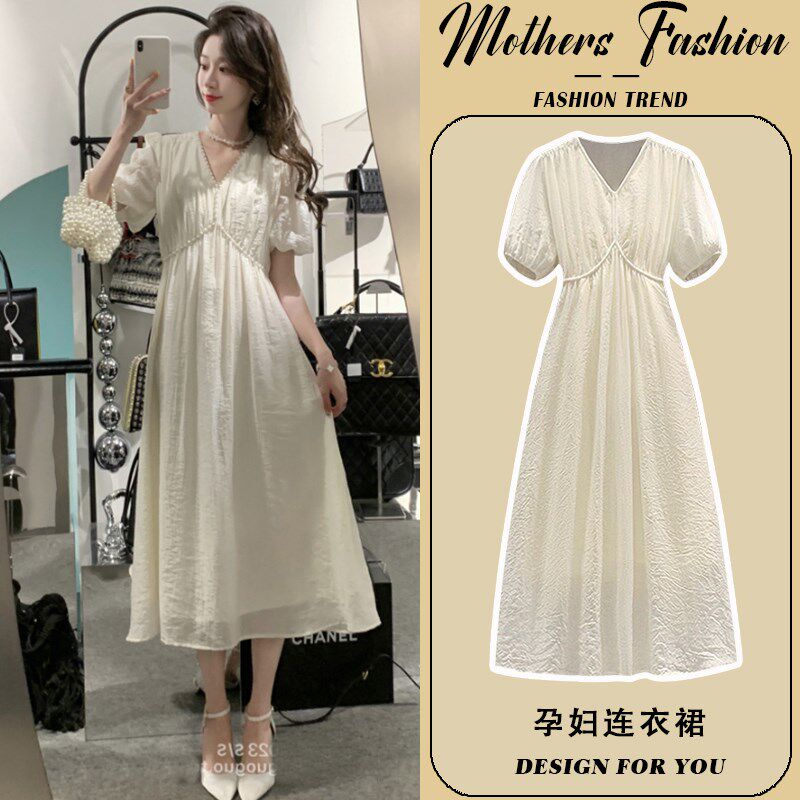 孕妇连衣裙短袖薄款中长款法式V领杏色收腰遮肚减龄2025新款夏季,孕妇装/孕产妇用品/营养,连衣裙,淘宝优惠券,粉丝福利购,淘宝优惠卷