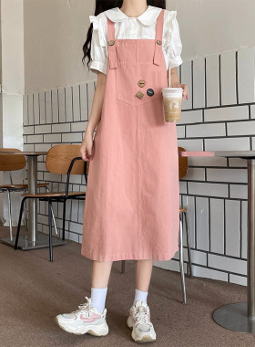 粉色背带裙女夏季2024新款韩版宽松休闲学院风学生中长款连衣裙子