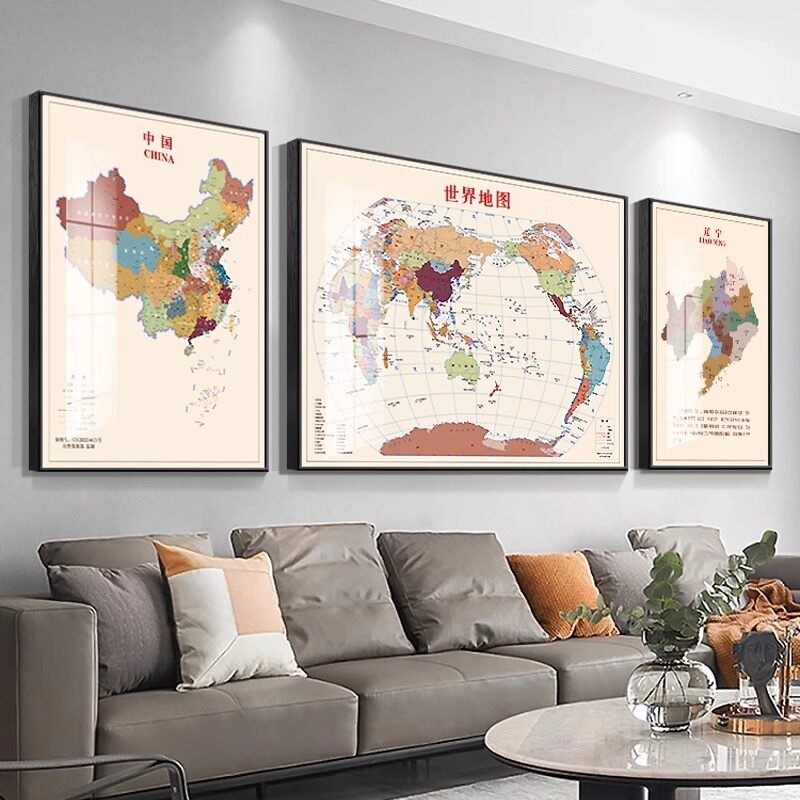 世界中国省份地图装饰画客厅沙发背景墙挂画办公室高级感三联壁画图片