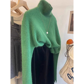新款 绿色针织打底衫 女2024秋冬季 高级感内搭高Q领毛衣加绒加厚上