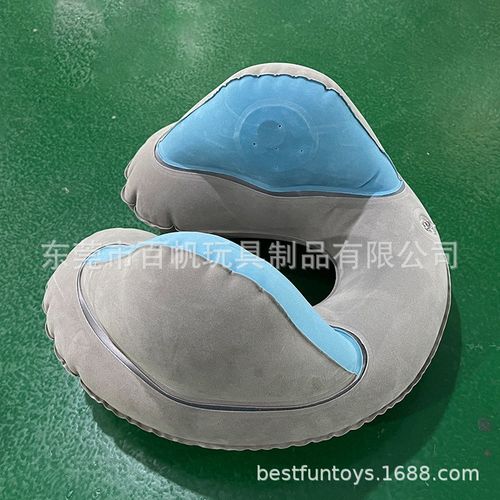 蓝色植绒充气蓝牙音乐枕头折叠便D携U形颈枕适用飞机汽车旅行