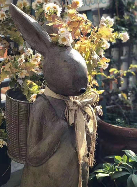 美式仿古树脂小兔背篓庭院创意摆件花架收纳客厅玄关桌面家用装饰