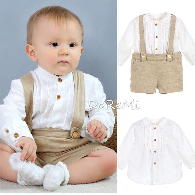 春秋中小男童宝宝纯棉长袖衬衫+棉麻背带裤两件套装中式休闲生日