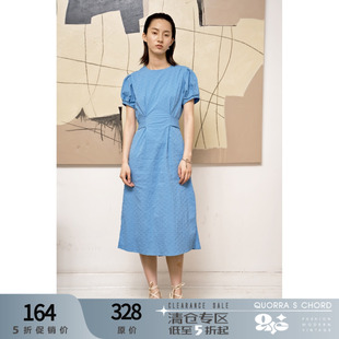 蓝色连衣裙女全棉复古系带泡泡袖 不退不换 圆领长裙 惊喜五折