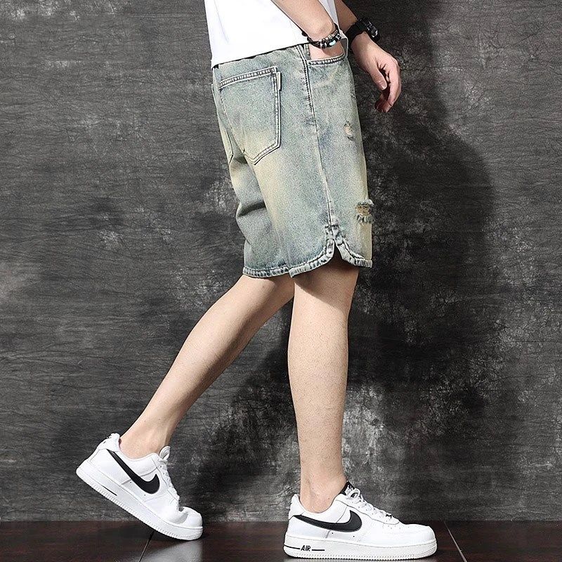 美式高街破洞牛仔短裤男宽松直筒水洗做旧潮流百搭中裤休闲五分裤,男装,短裤,淘宝优惠券,粉丝福利购,淘宝优惠卷