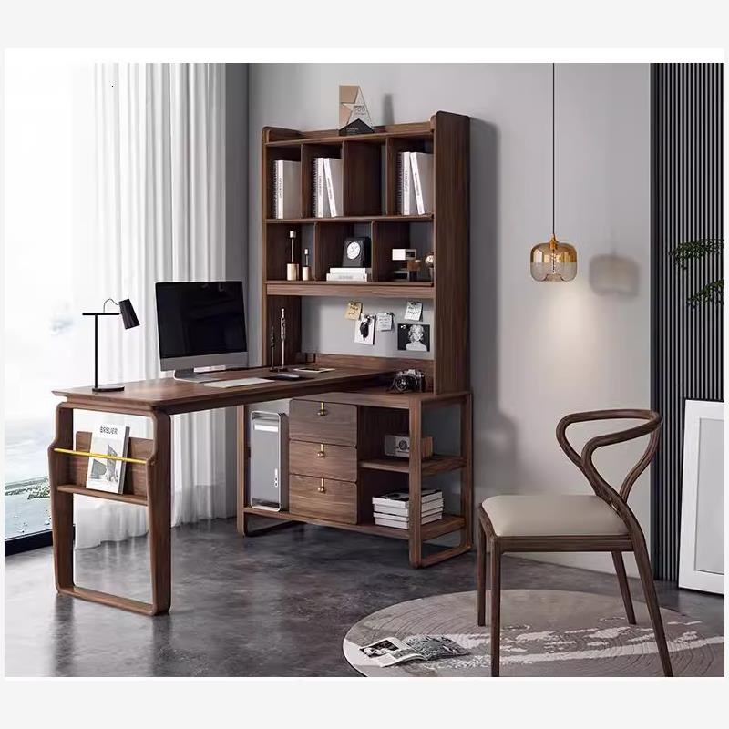 北美黑胡桃木转角书桌家用带书架实木办公桌可旋转无线充电电脑桌