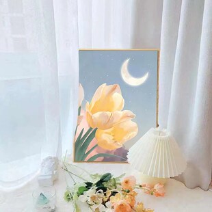 现代星空风景郁金香月亮客厅装饰画治愈系卧室挂画斗柜摆画