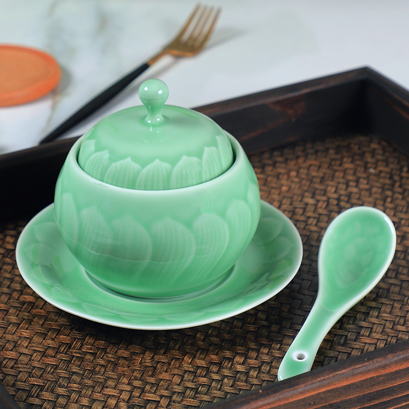 龙泉青瓷莲花炖盅炖燕窝陶瓷炖盅隔水蒸蛋带盖小汤盅酒店餐具摆台