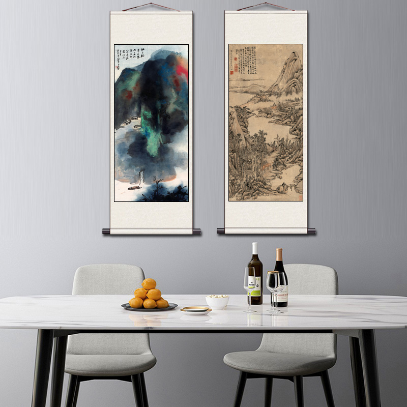 名家山水画张大千泛舟垂钓图李可染万山红遍客厅装饰挂画丝绸卷轴