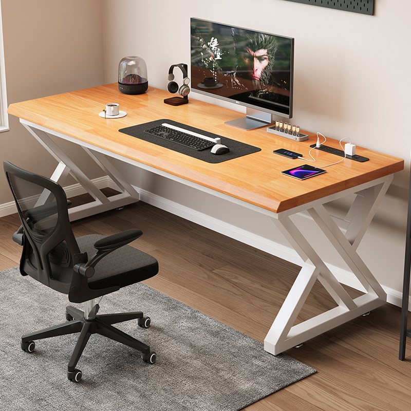 纯实木电脑桌台式家用学习写字桌卧室电竞桌橡胶木双人办公桌书桌