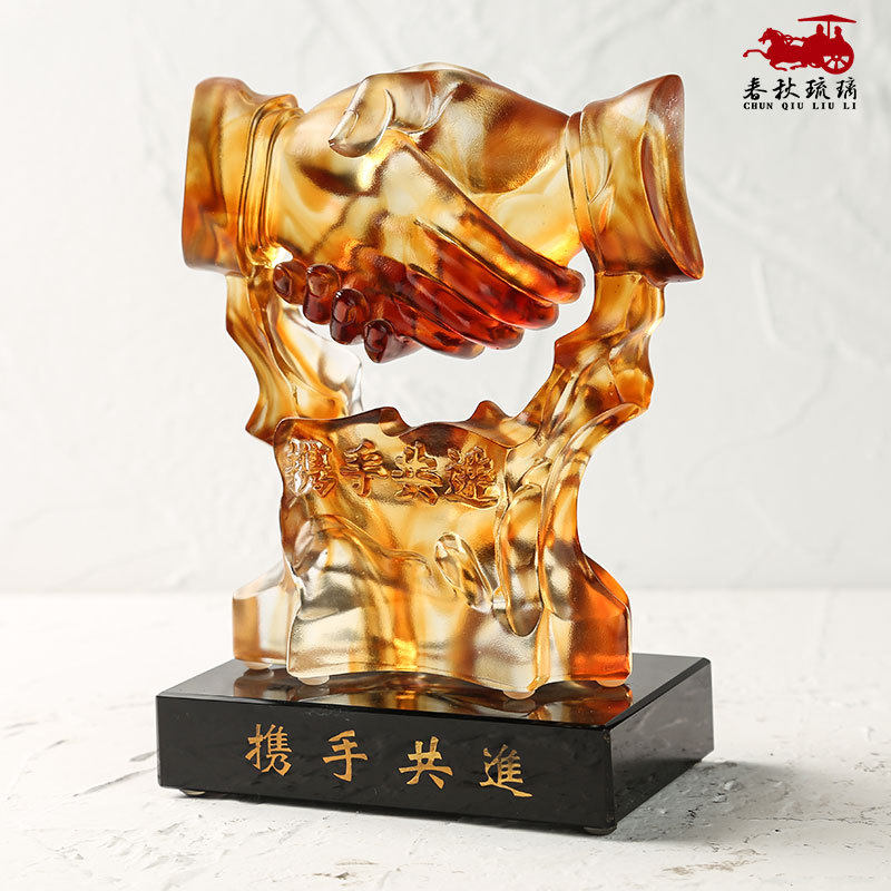 携手共进握手奖杯琉璃公司企业办公室商务礼品装饰工艺品