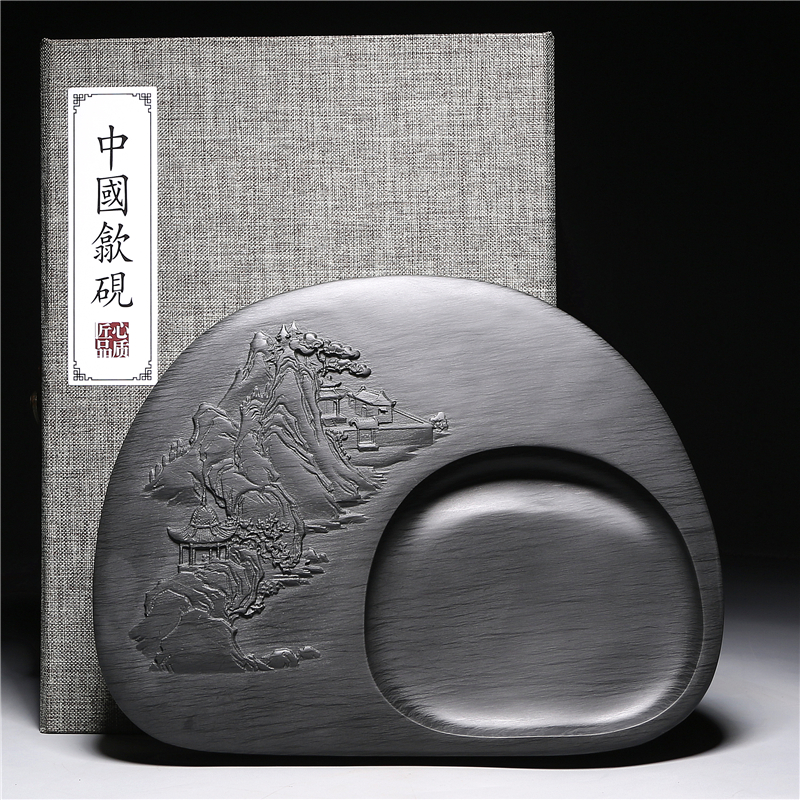精品歙砚江南诗意匠心 龙尾水波纹砚台兼端砚实用送礼文房