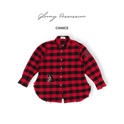 黑红格子拼接洗水衬衫