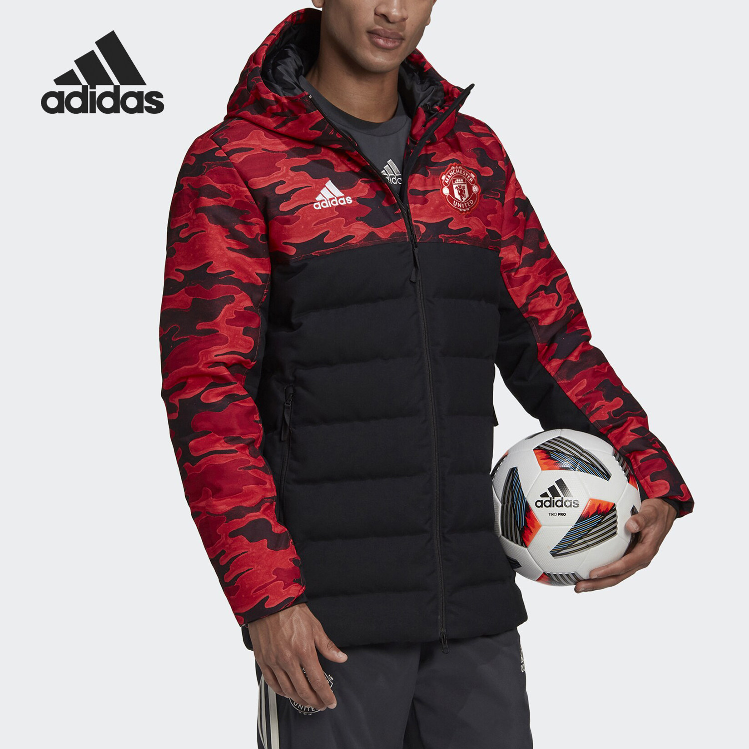 Adidas/阿迪达斯正品20/21曼联球员加厚连帽防风保暖羽绒服FR3871