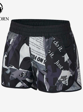 Nike/耐克正品新款女黑灰色合身满印中腰经典休闲短裤AJ6154-010
