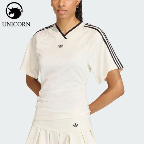 Adidas/阿迪达斯官方正品三叶草女士球衣风修身V领短袖T恤KC9122