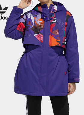 Adidas/阿迪达斯正品三叶草女子连帽印花中长款运动棉衣 GN4742