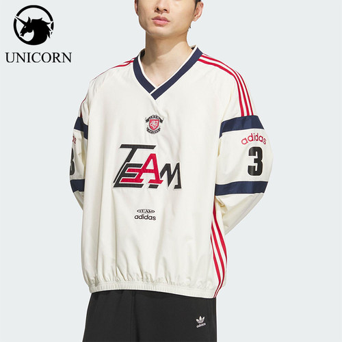 Adidas/阿迪达斯正品三叶草男士拼接宽松梭织V领长袖套头衫KC0112