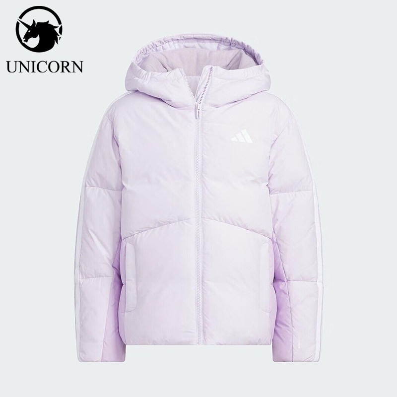 Adidas/阿迪达斯正品140新款儿童浅紫色经典出街连帽棉服KC5926