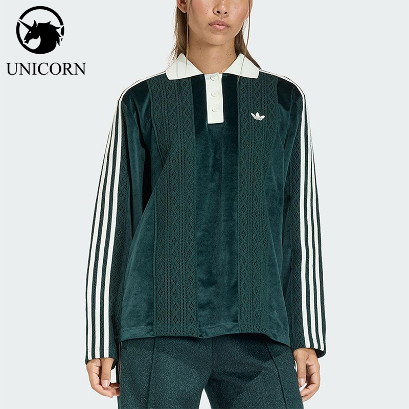 Adidas/阿迪达斯正品三叶草女士运动宽松翻领三条纹球衣KS7796