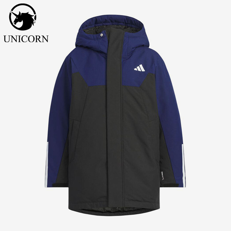 Adidas/阿迪达斯正品152新款儿童蓝黑色保暖经典连帽棉服KC5408
