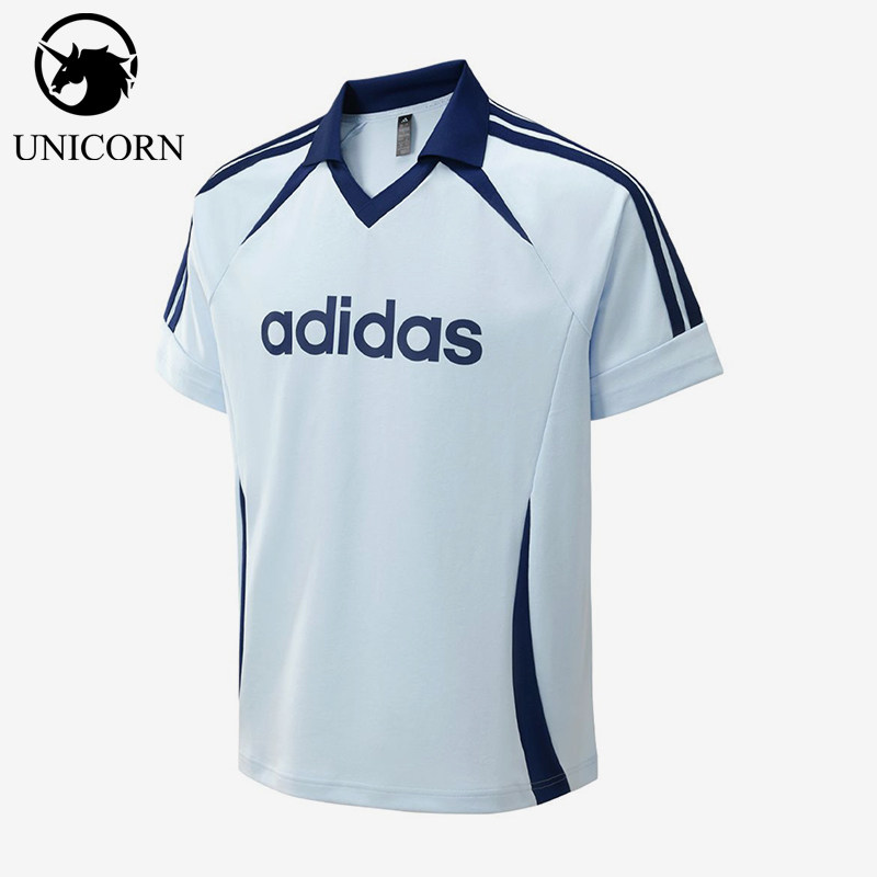 Adidas/阿迪达斯正品V领简约条纹男浅蓝色快干经典短袖T恤KY2146