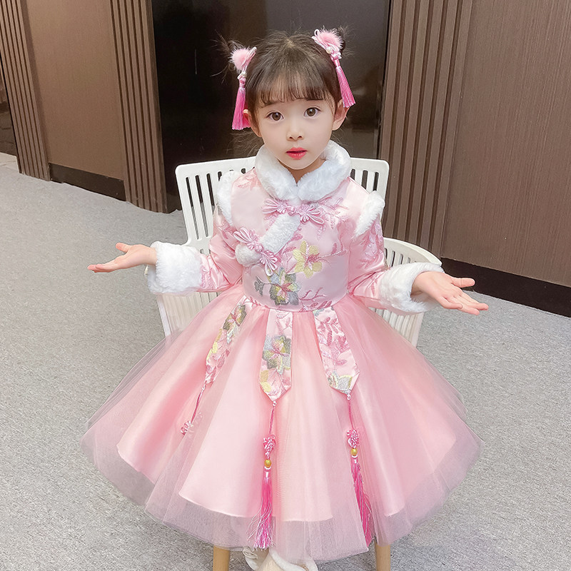 女童连衣裙秋冬新款儿童旗袍公主裙小女孩洋气碎花宝宝中国风汉服