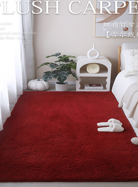 红色高级感秋冬毛绒卧室地毯床y尾床前床边毯家用长毛加厚飘窗垫