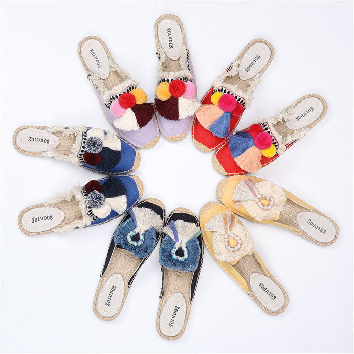 新款2023年春夏室内百搭草编麻底渔夫鞋平底流苏毛球一字拖女拖鞋