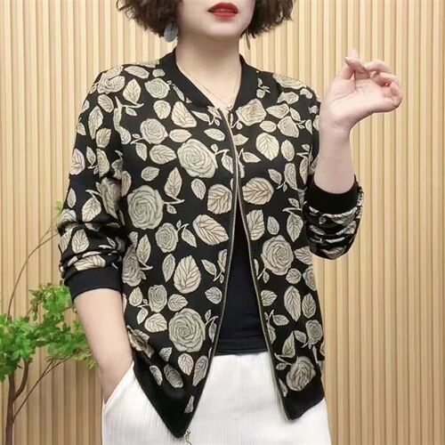时尚妈妈装雪纺印花开衫长袖外套2024春新款大码宽松百搭棒球服女