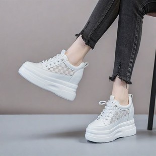夏天小白鞋女透气内增高女鞋10cm网面真皮白鞋休闲松糕鞋厚底网鞋