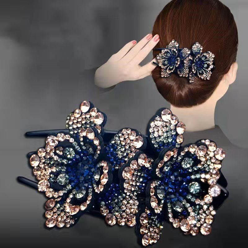 发夹头饰后脑勺盘发双花鸭嘴夹发卡子女头发夹子带钻发饰妈妈抓夹
