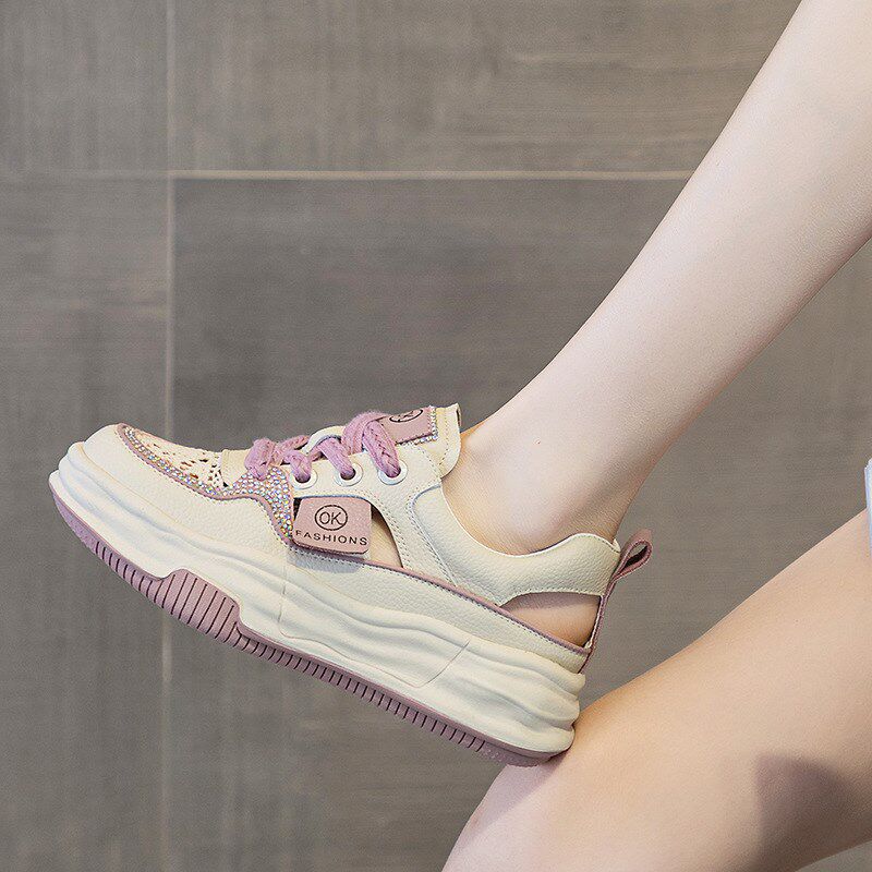 网红镂空小白鞋女夏季凉鞋2024新款百搭洋气真皮厚底运动休闲女鞋