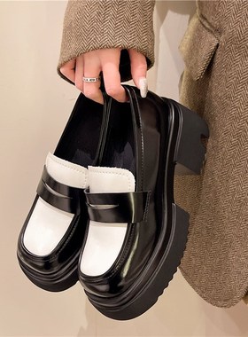 网红百搭新款厚底粗跟英伦鞋202C4年春季法式高跟鞋女粗跟真皮单