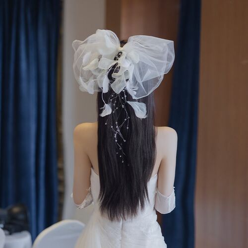 新娘头饰森系超仙婚纱结婚网纱羽毛珠串流苏发夹头饰