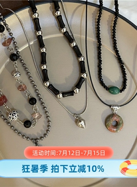 天然石圆环吊坠双层中古手作项链女小众复古竹节锁骨链民族配饰