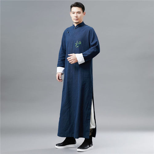 2021春夏新款绣竹长衫男装中国民族风长款汉服绣花民族服装茶禅服