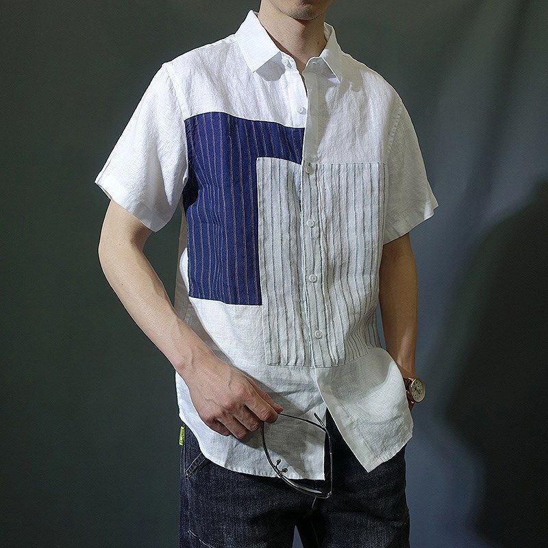 条纹拼接夏季短袖衬衫纯亚麻男版透气黑色白色休闲夏季宽松上衣潮