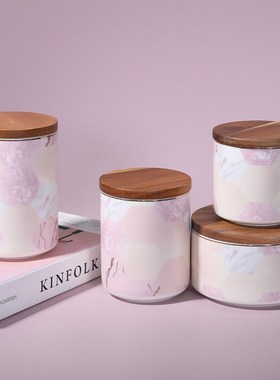 粉色陶瓷大理石纹密封罐罐带盖家用五谷杂粮N白糖罐收纳罐储物罐