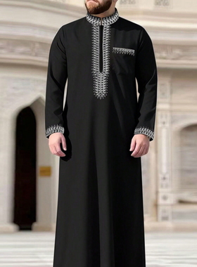 Muslim Arab Robe中东土豪长袍男立领刺绣民族服装迪拜礼拜服衬衫
