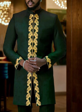 Kaftan Men Suits民族风男士刺绣套装礼服立领长袖穆斯林两件套