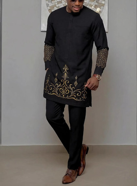 African Outfit Set穆斯林男士套装民族风刺绣上衣长裤传统礼服