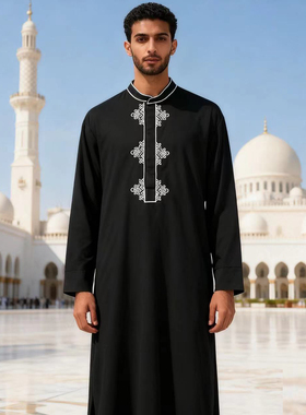中东阿拉伯男士刺绣长袍立领民族服装穆斯林礼服袍子Muslim Robe