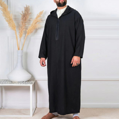 男士黑袍刺绣连帽长袍宽松传统民族服饰袍子连体衣礼服Arab Robe