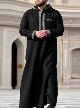 阿拉伯男长袍连帽刺绣大褂迪拜袍子民族风休闲长款Muslim Thobe