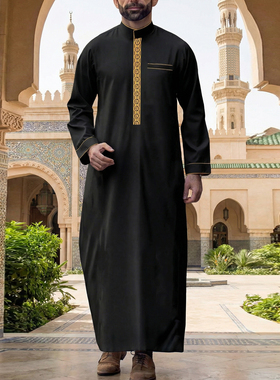 中东迪拜长袍男士长款立领宽松衬衫阿巴亚衬衫袍Muslim Men Robe