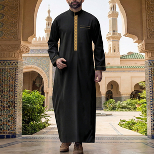 中东迪拜长袍男士长款立领宽松衬衫阿巴亚衬衫袍Muslim Men Robe
