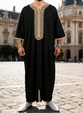 阿拉伯男士长袍吉拉巴迪拜刺绣宽松透气礼拜服中东民族风传统服饰