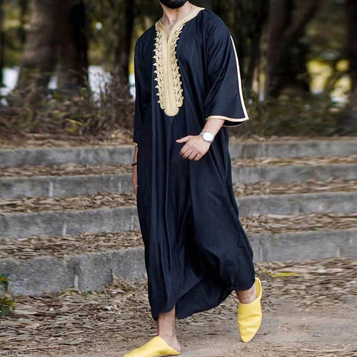 回族男士刺绣宽松长衫立领袍子