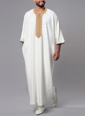 Muslim Jubba Thobe民族风刺绣长袍男士白色摩洛哥男士礼拜服长褂